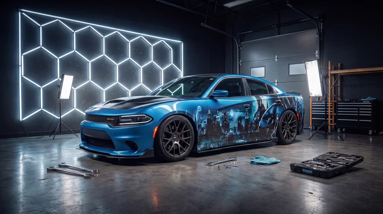 Blue Charger with a night-city mural wrap in the Sick of Hail garage, hex light wall glowing behind it